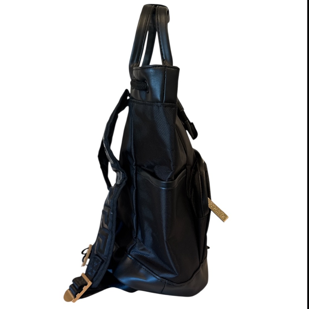 Versace Parfums Black Nylon Backpack Gold Logo Greek Key Straps NWOT - Picture 5 of 16